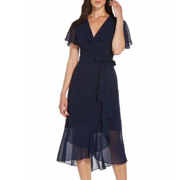 ADRIANA PAPELL Navy Crepe & Chiffon Midi Dress - Picture 1 of 7